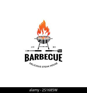 Vintage Hipster Grill Barbeque Einladung Party Barbecue bbq mit gekreuztem Gabelspachtel und Feuerflamme Logo Design Stock Vektor