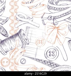 Stoffstücke, Spulen aus Fadenband, Knöpfe mit Schleife und Spitze. Hand gezeichnete Tinte Vektor Illustration Nähen Handwerk Versorgungsmaterialien. Nahtloses Muster isoliert auf Stock Vektor