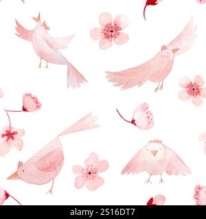 Sakura Blumen und Vögel in verschiedenen Posen, monochromatische handgemalte Aquarellrandung isoliert auf weiß. Hochwertige pinkfarbene Kunst perfekt Stockfoto