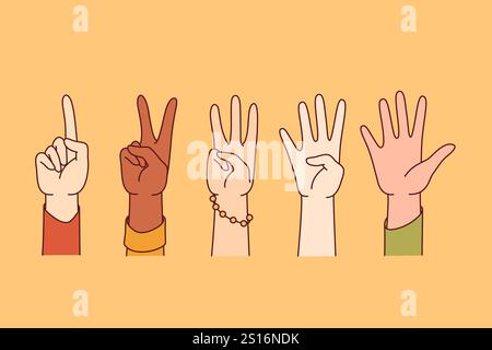 Die Hände der Menschen zeigen Zahlen von 1 bis 5 an und bewerten die Qualität der erhaltenen Dienstleistungen oder der gekauften Waren. Nummer eins, zwei, drei, vier und fünf, die Menschen verschiedener Rassen und Nationalitäten zeigen Stock Vektor