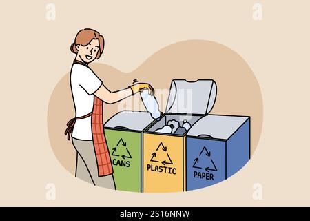 Woman sorts garbage using three various bins for different types of waste, saving planet. Girl sorts garbage wanting to avoid environmental disaster and global warming caused by lack of recycling. Stock Vektor