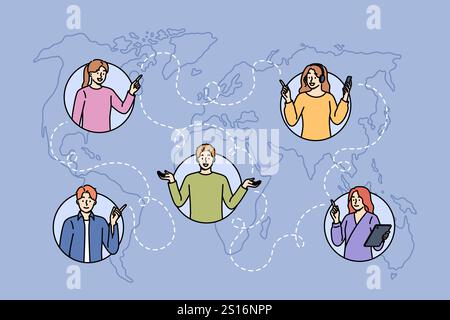 Internationales soziales Netzwerk von Menschen auf der ganzen Welt Karte für globales Freelancer Team Konzept. Internationales Team von Männern und Frauen, das ein großes gemeinsames Projekt für transatlantische Unternehmen durchführt Stock Vektor