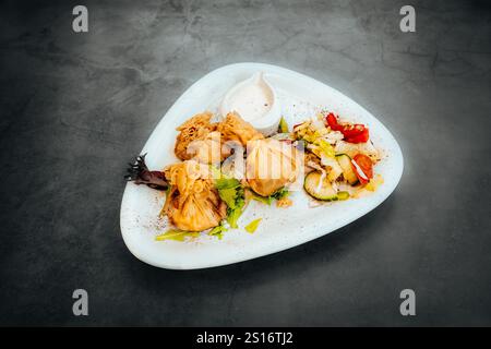 Knusprige Teigtaschen mit frischem Salat und Dip-Sauce auf einem modernen Teller Stockfoto