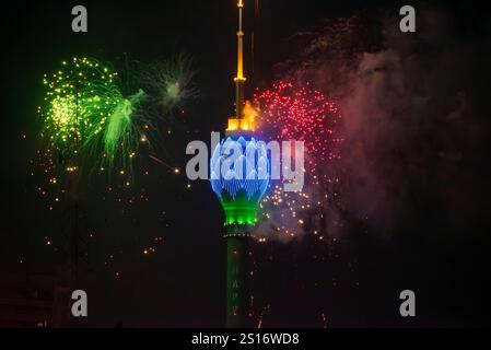 Colombo, West, Sri Lanka. Dezember 2024 31. Der Lotus Tower erleuchtete die Skyline der Stadt mit blendenden Farben - Sri Lanka erklang das neue Jahr mit großen Feierlichkeiten auf der ganzen Insel, aber Colombo stieß mit seinen lebhaften Festlichkeiten auf. Tausende von Menschen versammelten sich im Galle Face Green, um eine lebendige Atmosphäre voller Freude und Spannung zu schaffen. Familien, Freunde und Touristen kamen zusammen, um 2025 stilvoll willkommen zu heißen. (Kreditbild: © Ruwan Walpola/Pacific Press via ZUMA Press Wire) NUR REDAKTIONELLE VERWENDUNG! Nicht für kommerzielle ZWECKE! Stockfoto