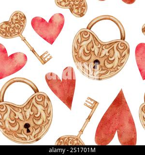 Rote und rosafarbene Herzen, goldenes Schloss und nahtloses Schlüsselmuster auf weiß. Für Stoffe, Textilien, Verpackungen und Karten zum Valentinstag, Frauentag und Muttertag. Stockfoto