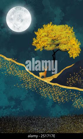 Vertikale Illustration dekorative Leinwand Kunst 3d Goldpunkte und Mond und goldene weihnachtsbaum und Vögel. Dunkelschwarzer Hintergrund für Wandrahmen A aus Leinwand Stockfoto