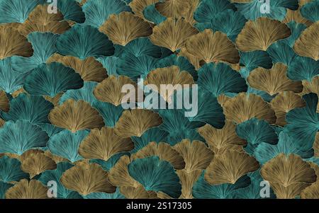 3D-Wandbild Illustration Tapete Wohnkultur. Türkisfarbenes und braunes goldfarbenes Muster mit goldenen Ginkgoblättern. Innenwand für Schlafzimmer und Wohnzimmer Stockfoto