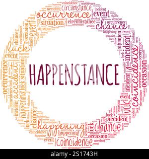 Konzeptionelles Design mit Happenstance Word Cloud isoliert auf weißem Hintergrund. Stock Vektor