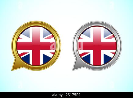 Sprechblase für die Flagge des Vereinigten Königreichs. Sprechendes Flaggensymbol in Gold- und Silberfarben Stock Vektor