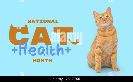 Niedliche rote Katze auf hellblauem Hintergrund. Banner für National Cat Health Month Stockfoto