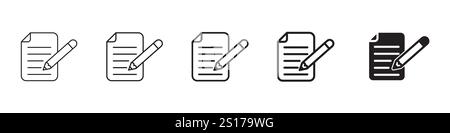 Satz von 5 Schreibsymbolen - 1 Silhouette - 1 ungelöster Vektor - Umriss n gefülltes Vektor-Symbol des Schreibblocks mit Papier mit Bleistift für Notiz Stock Vektor