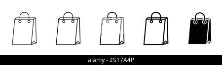 Set von 5 Einkaufstaschen Symbol - 1 Silhouette - 1 ungeschäumter Vektor - Einkaufstasche mit Papiertüte Illustrationen Online Shop Symbol n E-Commerce Logo Stock Vektor