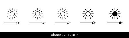 Satz von 5 Helligkeitsstufen-Symbolen - 1 Silhouette - 1 ungelöster Vektor - Helligkeitsstufen-Symbol, Lichtsteuerungssymbole, Helligkeitsregler und Kontrasteinstellung Stock Vektor