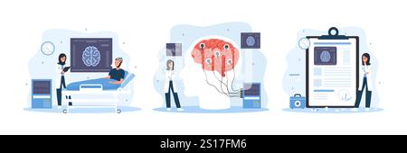 Neurologenkonzept. Arabische Ärztin untersucht MRT-Scan und EEG-Ergebnis. Neurologische Krankheitsdiagnostik. Satz von Vektorillustrationen in flacher Karikatur Stock Vektor