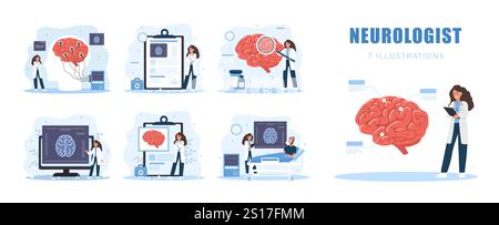 Neurologenkonzept. Ärztliche Diagnostik und Überwachung von Hirnerkrankungen. Forschungswissenschaftler. Neurologie oder Neurowissenschaft. Vektorsatz Stock Vektor