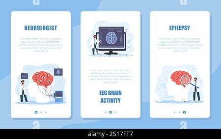 Neurologenkonzept. Set von Vorlagen für medizinischen Online-Service. Der Arzt des Mannes gibt virtuelle medizinische Beratung zu Hirnerkrankungen. Telemedizin Stock Vektor
