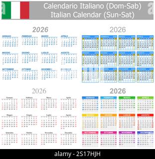 Italienischer Mix-Kalender 2026 Sonntag-Samstag auf weißem Hintergrund Stock Vektor