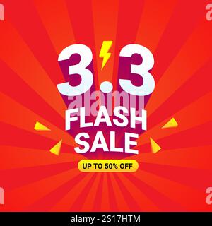 Flash-Sale-Aktion mit 3D-Tag in weiß mit rotem Kreis, 50 % Rabatt auf Werbekampagne. Stock Vektor