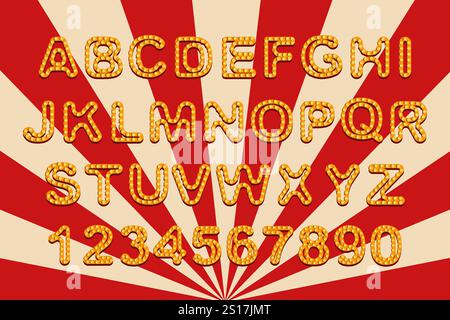 Buntes Circus Alphabet und Zahlen Grafik. Retro-Alphabet und Zahlen mit leuchtendem Glühlampeneffekt auf rotem und beigefarbenem radialem Hintergrund. Typografie des Stock Vektor