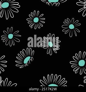 Gänseblümchenmuster, Gänseblümchenblumen nahtloses Muster Hintergrundvektor nette Hand gezeichnete Art, Petrol, weiß, schwarz Stock Vektor