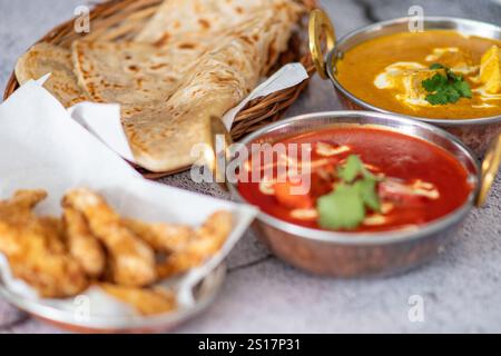 Indisches Essen Thali kombiniert indische Gerichte mit Huhn, Fleisch, Roti, Reis und Salat. Indische Essenskombinationen. Kopierraum Stockfoto