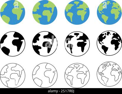 Globe Planet Vektor Set. Silhouette der Erdkontinente. Planet Erde Symbol Erde Tag flach Symbol. Globus in verschiedenen Designs. Weltkarte im Kreis. Stock Vektor