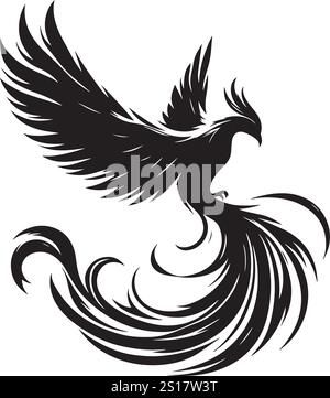 Schwarzer Phönixvogel, Fliegende Silhouette. Phoenix Bird Fantasy Silhouette Vorne. Stock Vektor