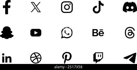 Professionelle Social-Media-Symbole, Symbole, Sammlung beliebter Social-Media-Symbole in verschiedenen Formen, beliebte Social-Media-Symbole, Social-Media-Symbole. Stock Vektor
