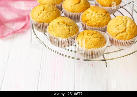 Selektiver Fokus. Frische Muffins kühlen auf Kühlregal. Hausgemachte Vanille-Cupcakes Stockfoto