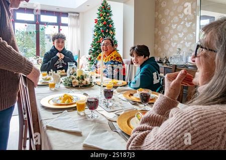 Eine Familie sitzt zusammen und genießt ein gebratenes Weihnachtsessen. Stockfoto