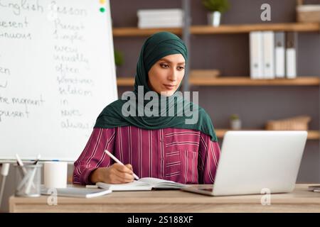 Islamischer Lehrer im Kopftuch sitzt am Schreibtisch und schaut auf den Laptop Stockfoto