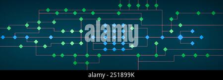 Knotenbaum, Konzept, Dezision, Verbindung. Knotenbaum, Konzept, industrieller Prozess, Dezision, Verbindung. Grüne und blaue Symbole, Fabrik, Bedienpult, Netzwerk. Img node tree007s06 Concept Stockfoto