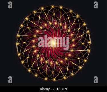 Gold Luxury Sacred Mandala Vorlage. Rundes Blumenelement isolierter dunkelroter Hintergrund. Kreismuster in goldener Farbe. Vektorabbildung Stock Vektor