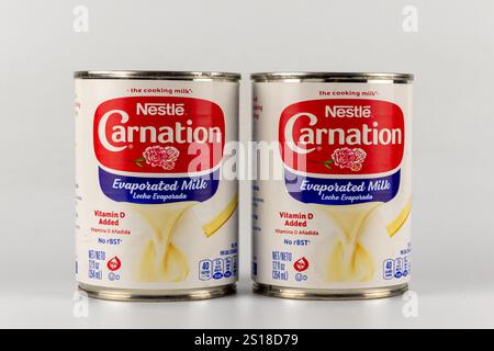 ST. PAUL, MN, USA, 1. JANUAR 2025: Verpackung von Nelke-Verdunstungsmilch und Markenlogo. Stockfoto