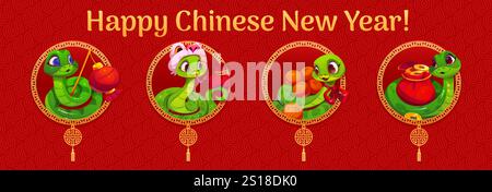 Chinesischer Neujahrsfeiertag Asiatisches Horoskop Schlangen Collage für Grußkarte, Vektorbanner. Glückliches chinesisches Neujahr mit lustigen Schlangen mit Mandarinen, goldener Münztasche und Papierlaterne für das Mondjahr Stock Vektor
