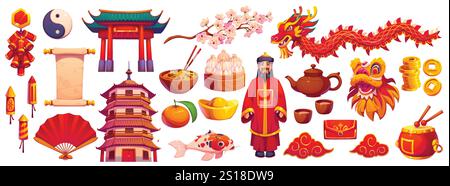 Chinesische Silvester-Weihnachtsfiguren mit Zeichentrickdrachen, traditionellem Essen und roten Umschlägen. Vector asiatisches Frühlingsfestival Goldbarren, Fächer, Fische und Feuerwerkskörper. Chinesisches Neujahr Löwenmaske, Tempel Stock Vektor