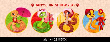 Chinesisches Neujahrsfahnenbanner mit lustigen Schlangenfiguren. Vector CNY 2025 Collage mit niedlichen Zeichentrickreptilien in runden Rahmen mit festlichem Regenschirm, Geldbörse, Weihnachtsglocke und Feuerwerkskörper Stock Vektor
