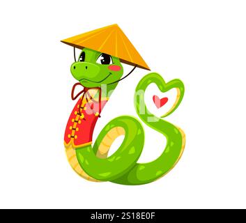 Lustige grüne Zeichentrickschlange vermittelt Liebe, valentinstag und chinesischer Neujahrsfigur trägt einen konischen Hut und ein traditionelles rotes Outfit, das seinen Schwanz in eine Herzform mit einem kleinen roten Herz verwandelt Stock Vektor