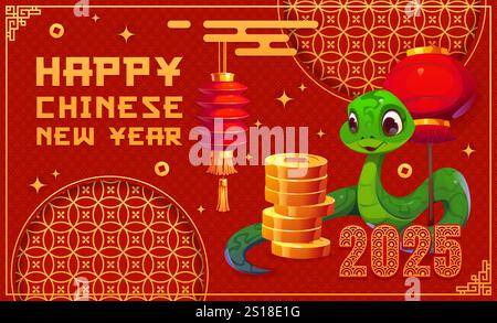 Papier geschnittene chinesische Neujahrsfahne mit grüner Schlange, Vektor-Grußkarte. 2025 Happy Chinese New Year Banner mit Zeichentrickschlange, goldenen Münzen und roten Papierlaternen in asiatischem Ornament Stock Vektor