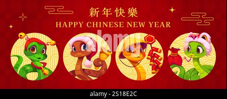 Lustige Schlangen auf chinesischem Mondneujahrsbanner. Vektorcollage mit niedlichen festlichen Comic-Reptilien mit traditionellen Feuerwerkskörpern, Geldbeutel, Weihnachtsglocke und Hüten, feiern Wohlstand und Freude Stock Vektor