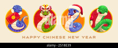 Chinesische Mondneujahrsschlangen Collage für asiatischen Feiertag, Vektorbanner. Glückwunsch zum chinesischen Neujahr mit lustigen Schlangen in Weihnachtsmütze und Drachenmaske, Goldmünzen-Handtasche und hongbao-rotem Umschlag Stock Vektor