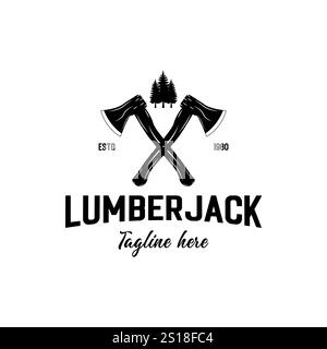 Handgezeichnetes Reiseabzeichen mit gekreuzten Äxten, Tannenlogo, Logo, Designelemente, Logotypvorlage. Vektorabbildungen Stock Vektor