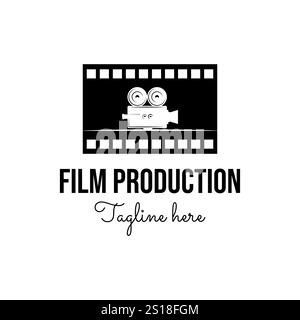 Designvorlage für Filmkamera und Filmstreifen-Logo. Schwarz-weiß-Vektorillustration. Stock Vektor