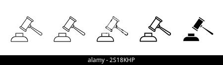 Set 5 Gavel Icons 1 ungeschäumter Vektor 1 Silhouette, Gavel Icon Set, Richter Gavel Vektor Symbol, Sammlung von Gavel Zeichen in flachem Stil, legal, Hammer Stock Vektor