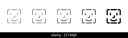 Setzen Sie 5 Gesichts-Erkennungssymbole 1 ungelöster Vektor 1 Silhouette, quadratische Gesichtserkennung Scan-Linie Vektor-Symbol für Apps und Websites Stock Vektor