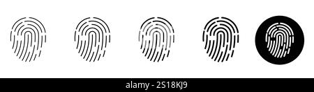 Set 5 Fingerabdrucksymbole 1 ungedehnt 1 Silhouette, schwarzer Fingerabdruck flache Vektorsammlung Polizei elektronischer Fingerabdruck Scanner Kriminaldaten isoliert Stock Vektor