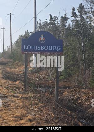 Willkommen im Louisbourg-Schild in Nova Scotia, Kanada Stockfoto