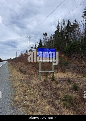 Willkommen im Mushaboom-Schild am Highway 7 in Nova Scotia, Kanada Stockfoto