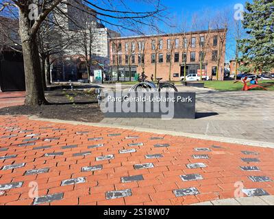Gerald Leblanc Park Schild im Zentrum von Moncton, New Brunswick, Kanada Stockfoto