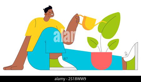 Junger Geschäftsmann, der eine Topfpflanze bewässert, repräsentiert Wachstum und Pflege im Geschäft. Persönlichkeitsentwicklung und Karrieremöglichkeit. Vektorabbildung. Stock Vektor